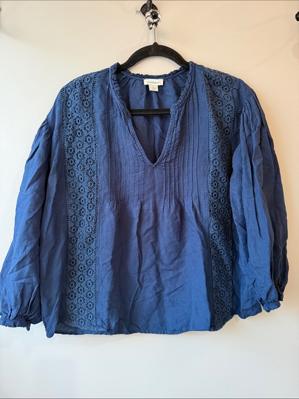 Sundance Indigo Blue Crochet-Trim Peasant Blouse linen blend small